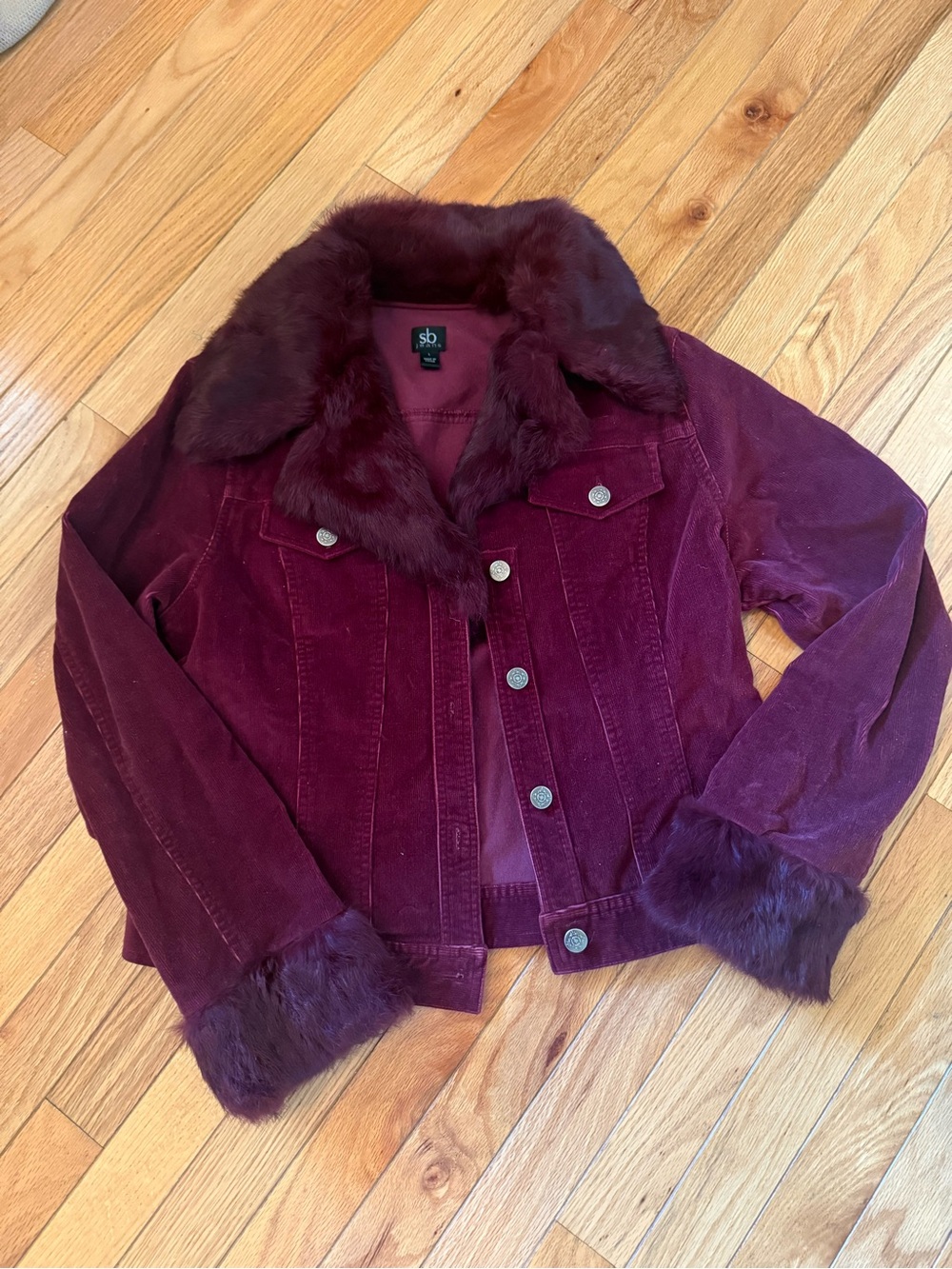 Y2K SB Jeans Women's Burgundy Rabbit Fur Trim Corduroy Jacket